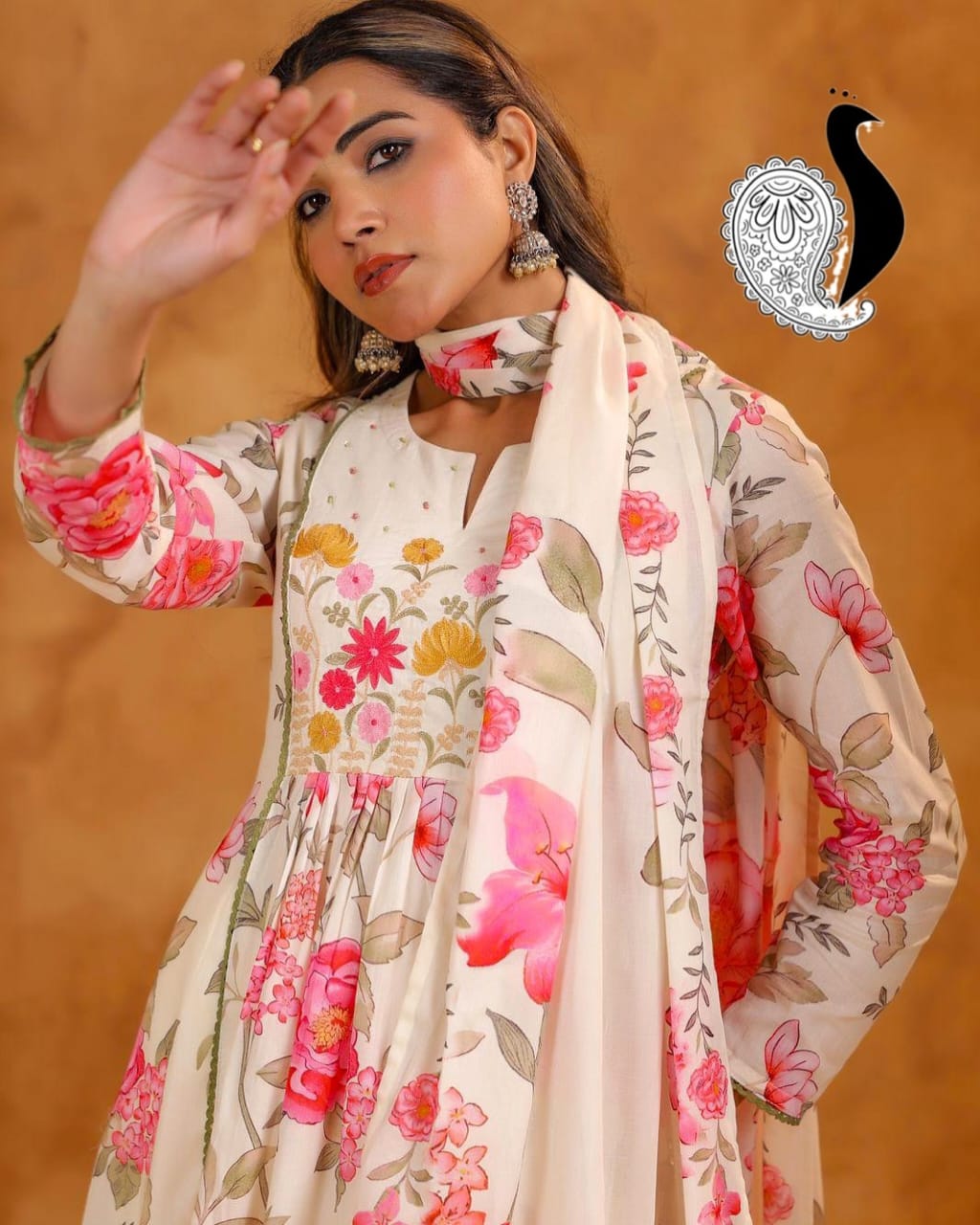 Ivory Pink Floral Cotton Salwar Suit Set
