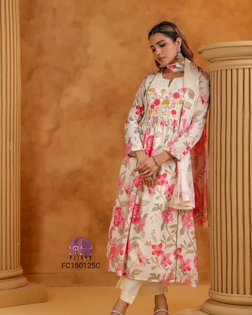 Ivory Pink Floral Cotton Salwar Suit Set
