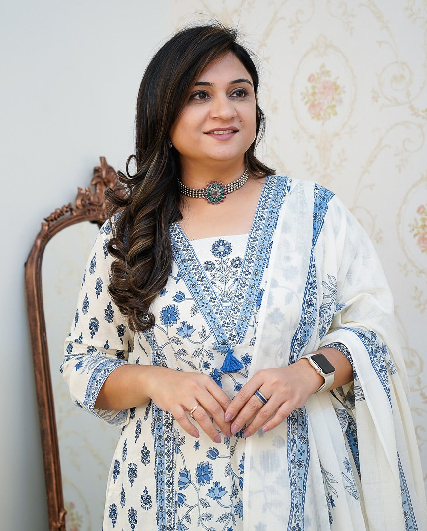 Ivory & Indigo Printed Cotton Suit Set