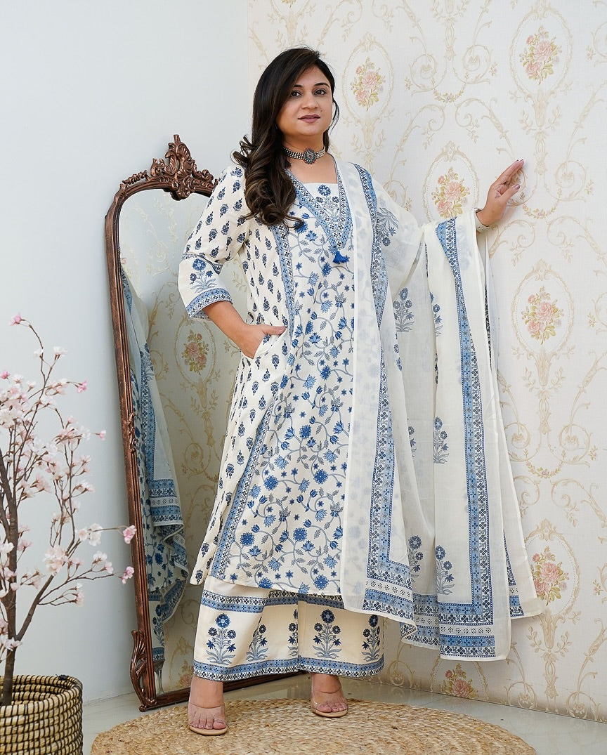 Ivory & Indigo Printed Cotton Suit Set