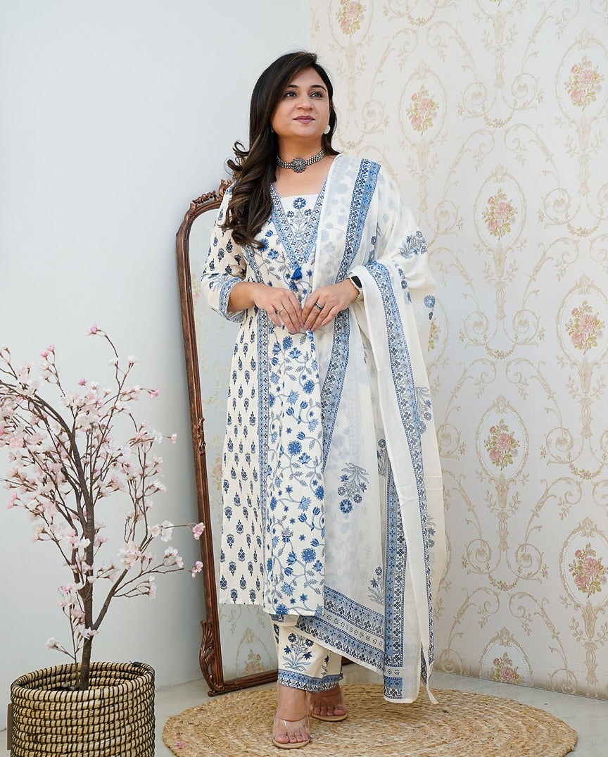 Ivory & Indigo Printed Cotton Suit Set