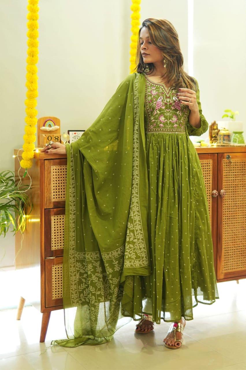 Elegant Olive Green Embroidered Cotton Anarkali Suit Set