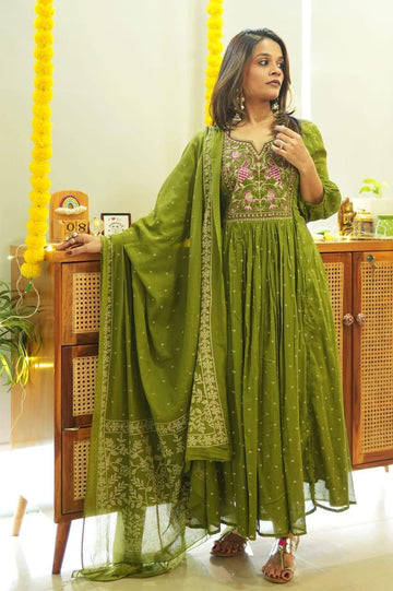 Elegant Olive Green Embroidered Cotton Anarkali Suit Set