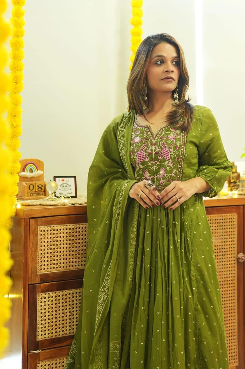 Elegant Olive Green Embroidered Cotton Anarkali Suit Set