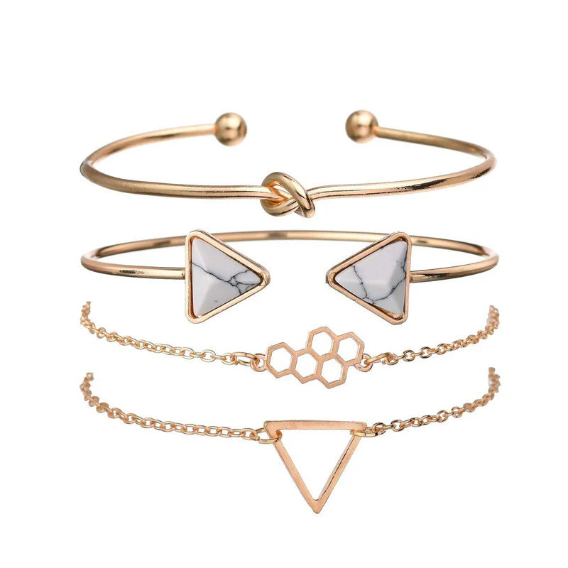 Geometric Marble & Gold Anti-Tarnish Bracelet Set for Women (Set of 4)
