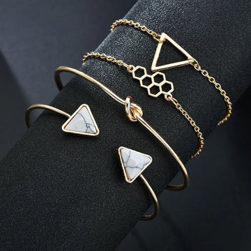 Geometric Marble & Gold Anti-Tarnish Bracelet Set for Women (Set of 4)