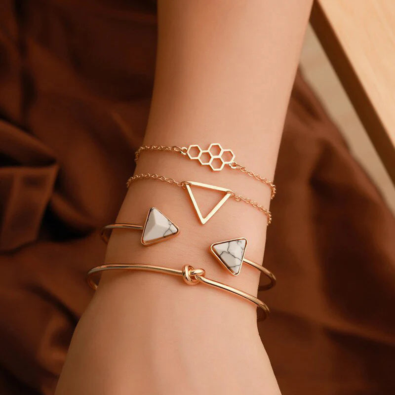 Geometric Marble & Gold Anti-Tarnish Bracelet Set for Women (Set of 4)