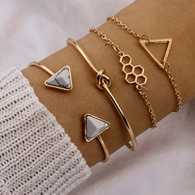 Geometric Marble & Gold Anti-Tarnish Bracelet Set for Women (Set of 4)