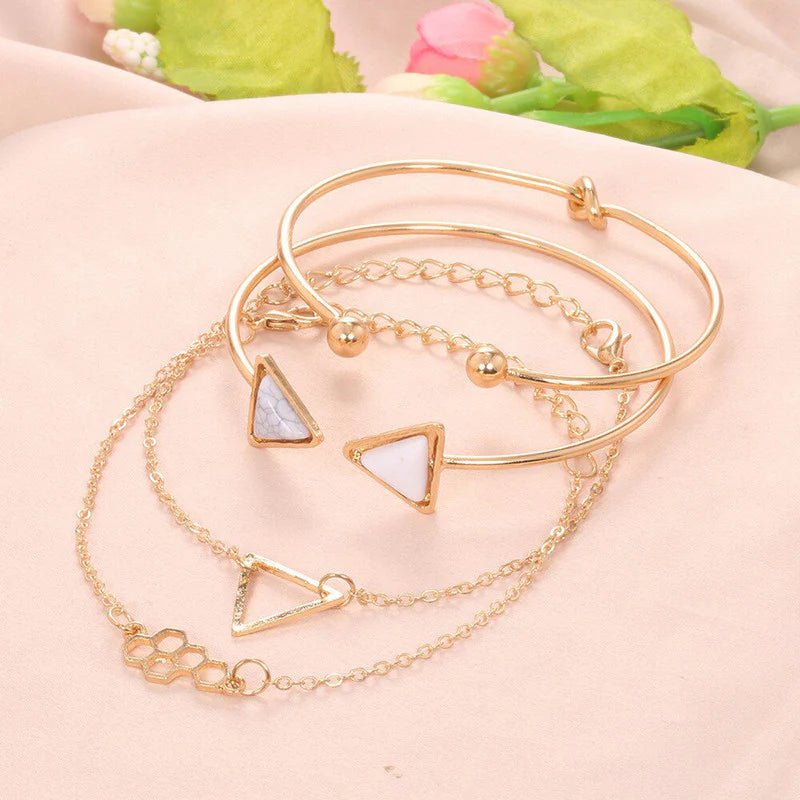 Geometric Marble & Gold Anti-Tarnish Bracelet Set for Women (Set of 4)