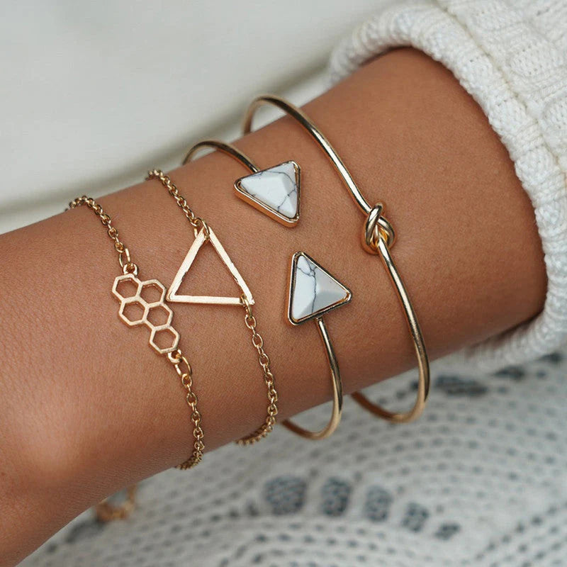 Geometric Marble & Gold Anti-Tarnish Bracelet Set for Women (Set of 4)