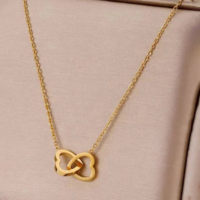 Double Heart Interlock Anti-Tarnish Gold Necklace