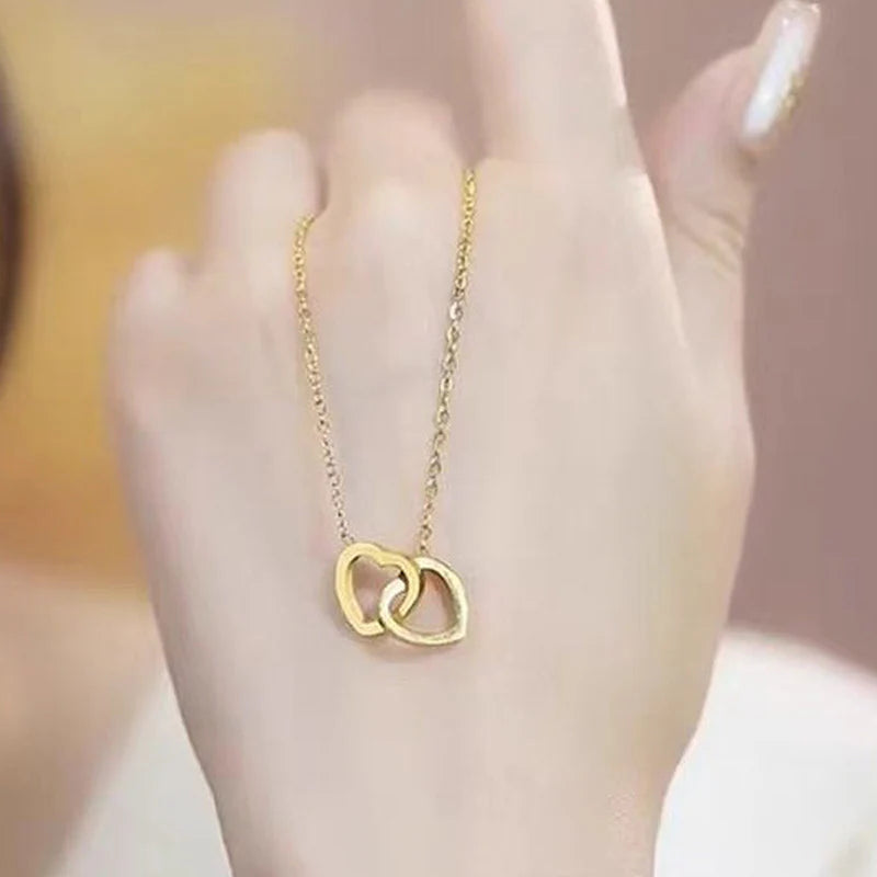 Double Heart Interlock Anti-Tarnish Gold Necklace