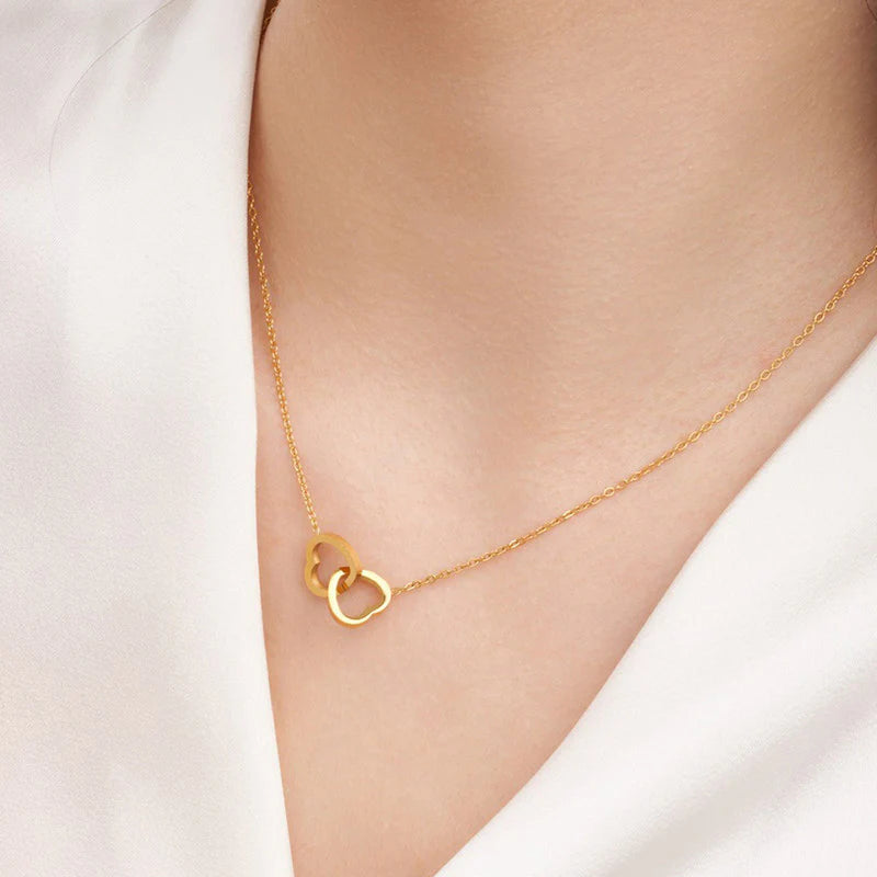 Double Heart Interlock Anti-Tarnish Gold Necklace