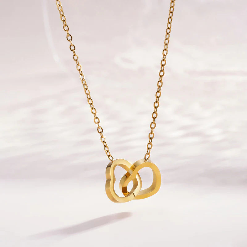 Double Heart Interlock Anti-Tarnish Gold Necklace