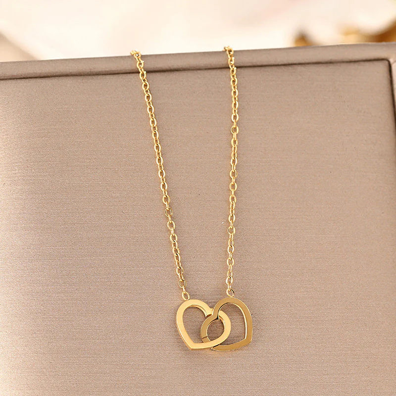 Double Heart Interlock Anti-Tarnish Gold Necklace