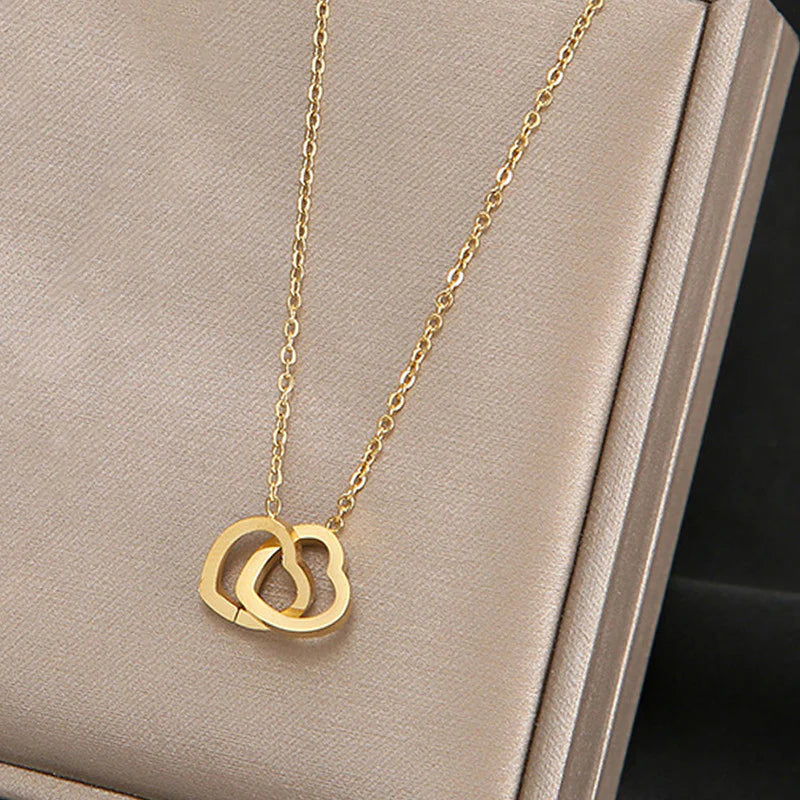 Double Heart Interlock Anti-Tarnish Gold Necklace