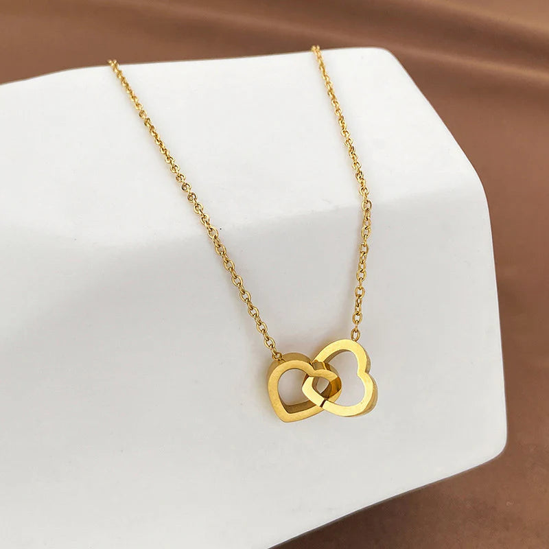 Double Heart Interlock Anti-Tarnish Gold Necklace