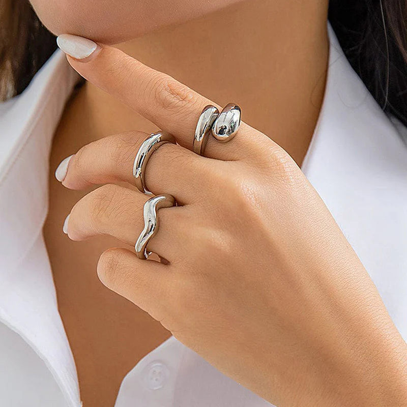 Silver Abstract Anti-Tarnish Ring Set (Set of 3)