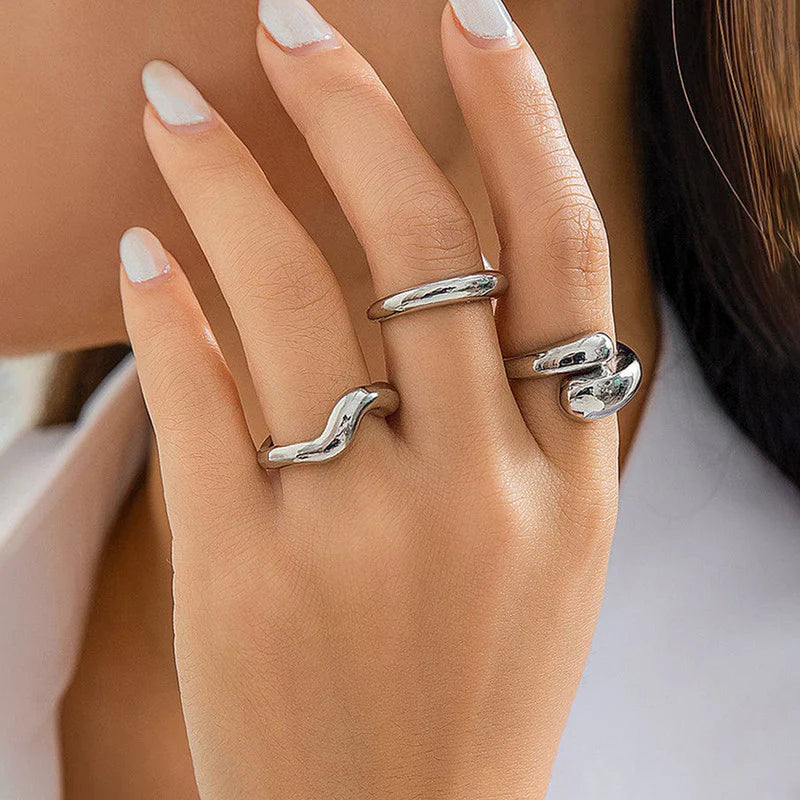 Silver Abstract Anti-Tarnish Ring Set (Set of 3)