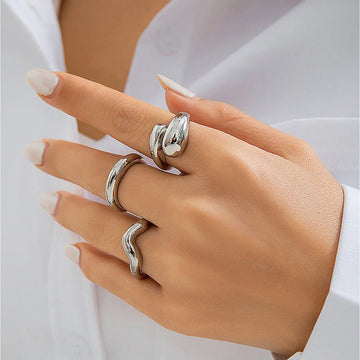 Silver Abstract Anti-Tarnish Ring Set (Set of 3)