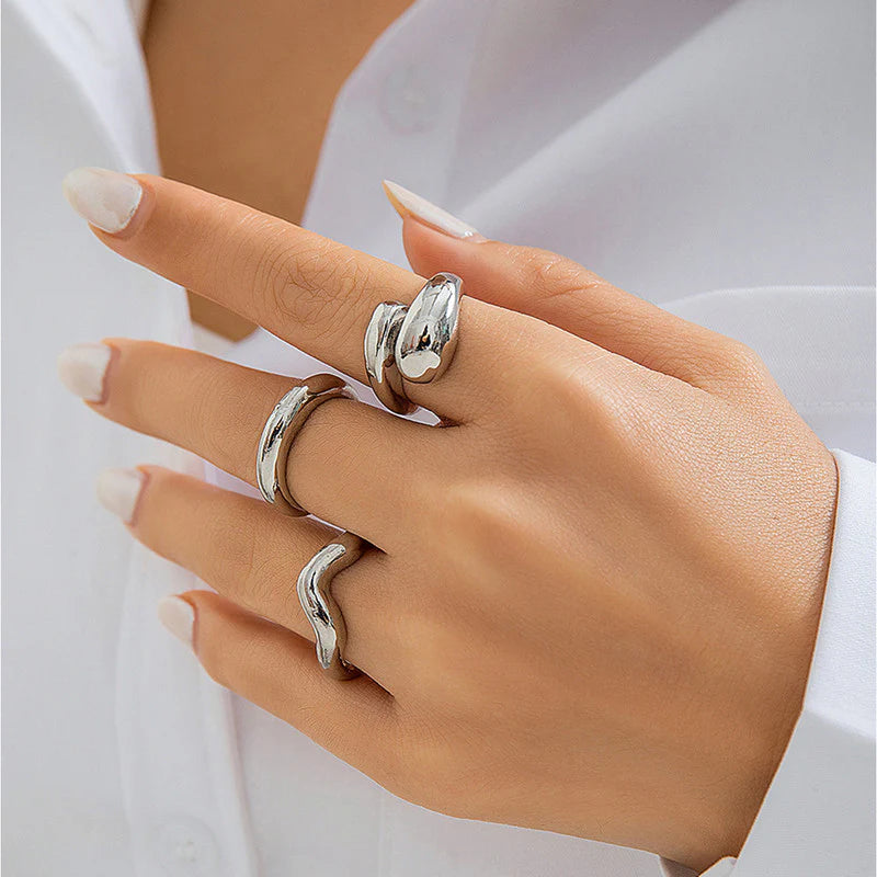Silver Abstract Anti-Tarnish Ring Set (Set of 3)