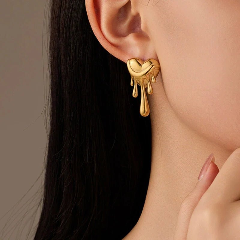 Anti-Tarnish Gold Melting Heart Drop Earring