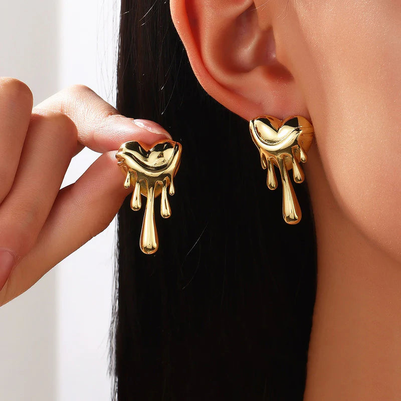 Anti-Tarnish Gold Melting Heart Drop Earring