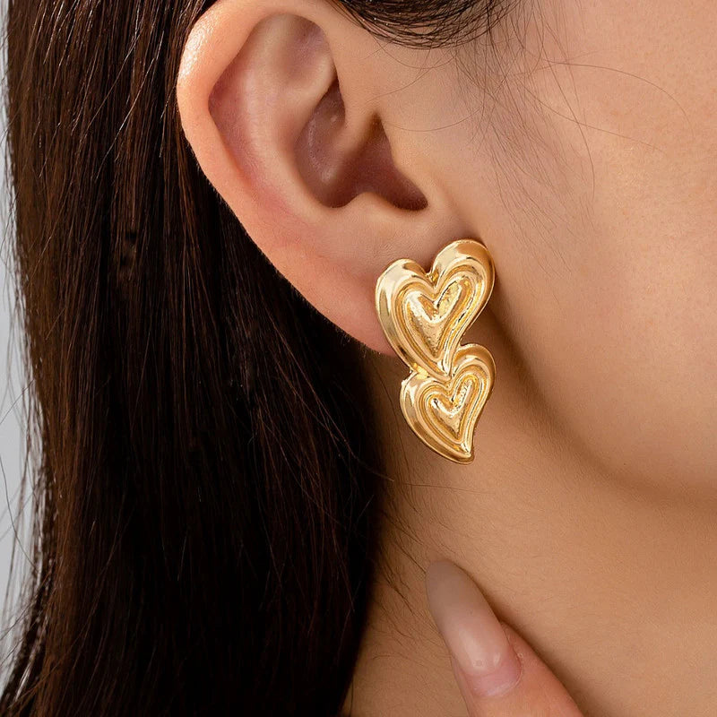 Anti-Tarnish Gold Double Heart Stud Earring