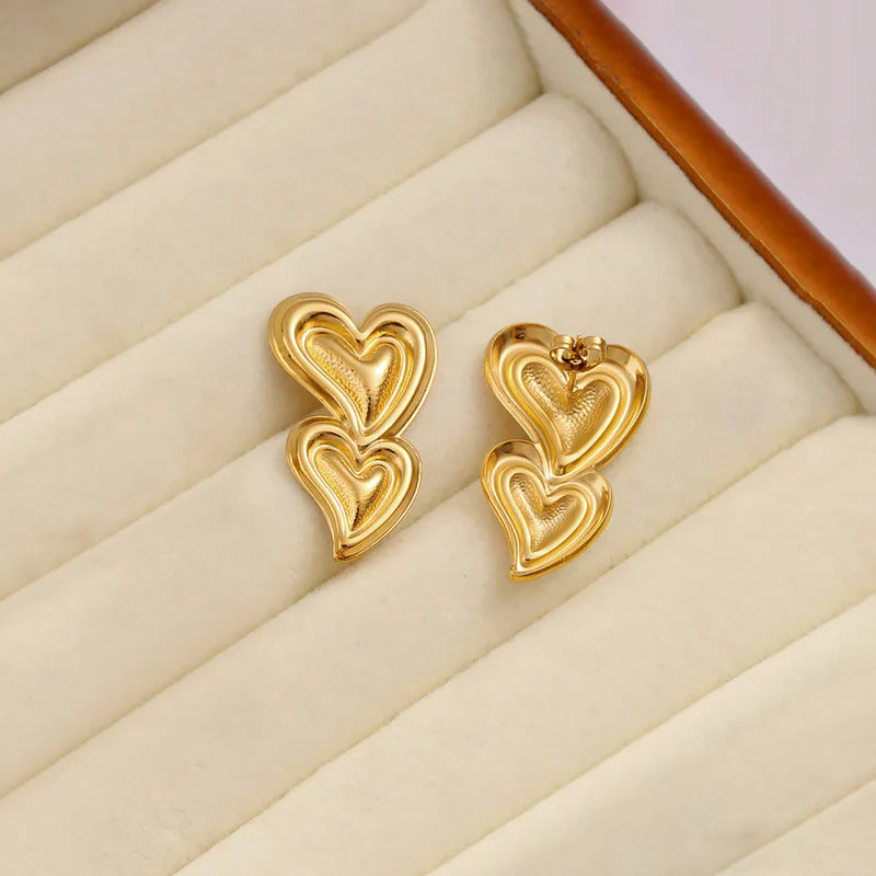Anti-Tarnish Gold Double Heart Stud Earring