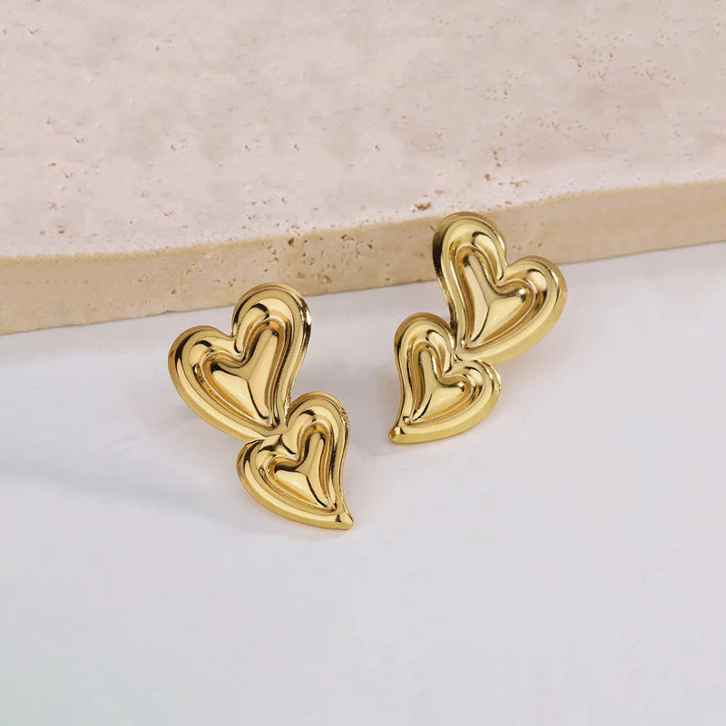 Anti-Tarnish Gold Double Heart Stud Earring
