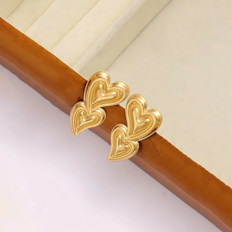 Anti-Tarnish Gold Double Heart Stud Earring