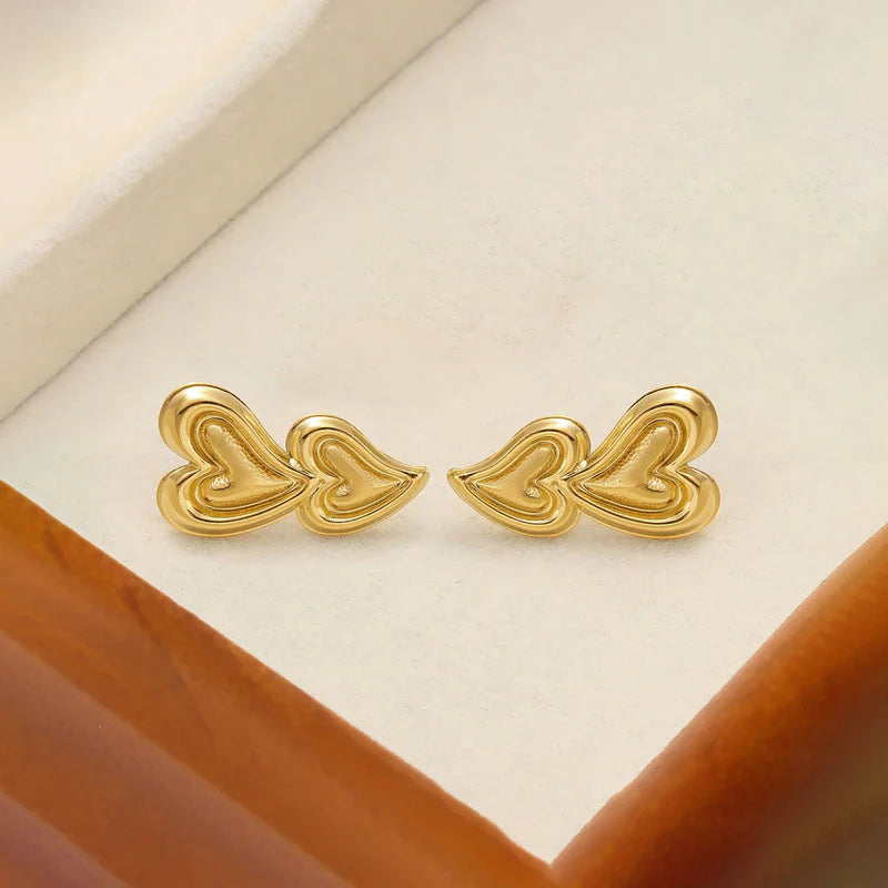 Anti-Tarnish Gold Double Heart Stud Earring