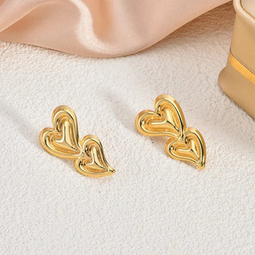 Anti-Tarnish Gold Double Heart Stud Earring