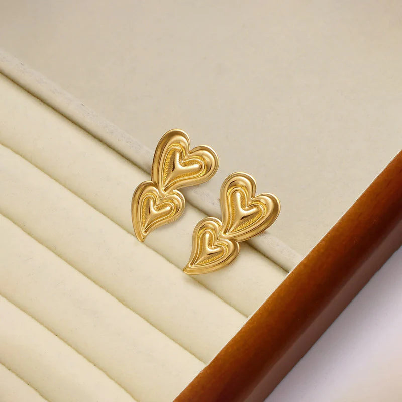 Anti-Tarnish Gold Double Heart Stud Earring