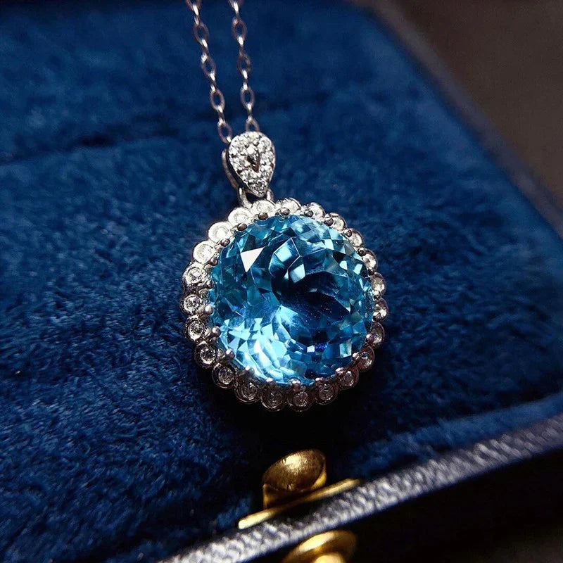 Silver Plated Anti Tarnish American Diamond Crushed Ice Cut Blue Round Shape Contemporary Pendant