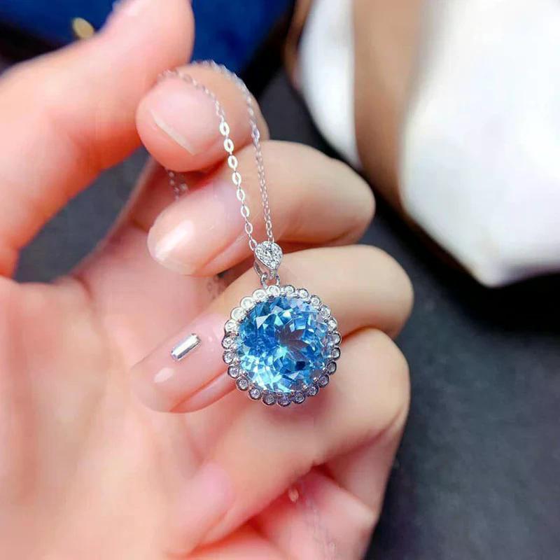 Silver Plated Anti Tarnish American Diamond Crushed Ice Cut Blue Round Shape Contemporary Pendant