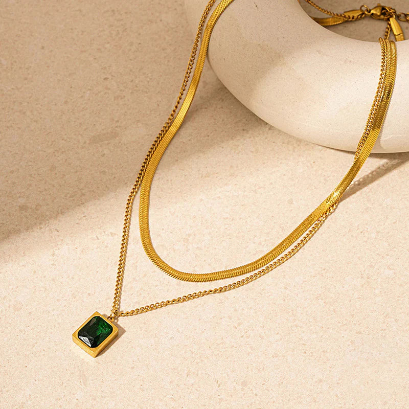 Gold-Plated Anti Tarnish Green Emerald Geometric Layered Necklace