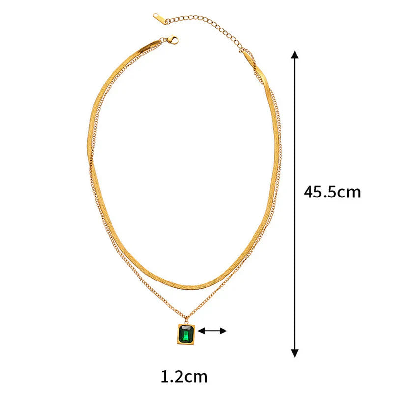 Gold-Plated Anti Tarnish Green Emerald Geometric Layered Necklace
