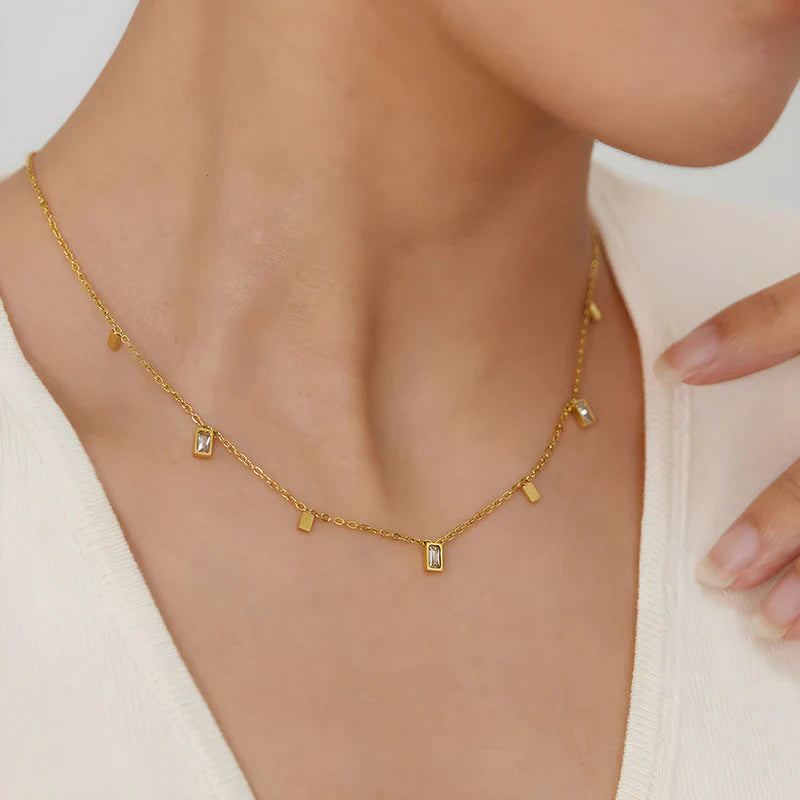 Minimalist Gold-Plated Charm Necklace with Rectangular Crystal Accents
