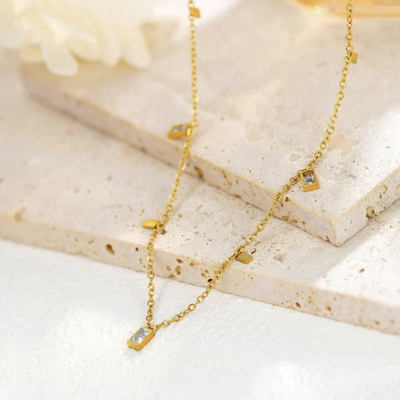 Minimalist Gold-Plated Charm Necklace with Rectangular Crystal Accents