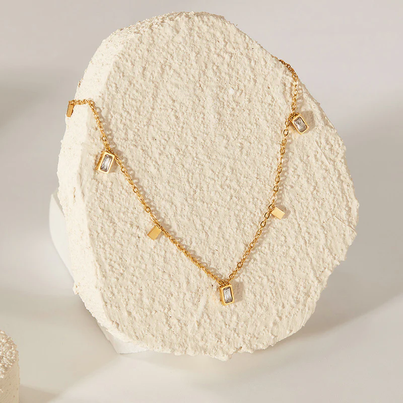 Minimalist Gold-Plated Charm Necklace with Rectangular Crystal Accents