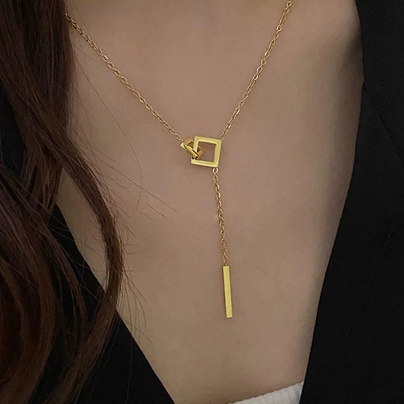 Modern Geometric Lariat Necklace – 18K Gold-Plated