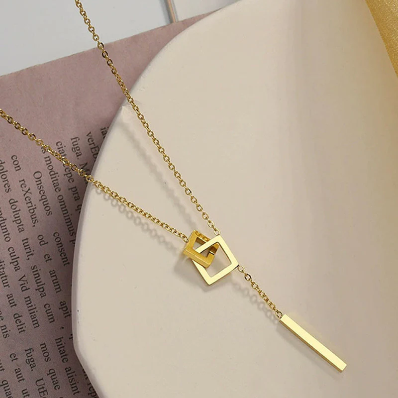 Modern Geometric Lariat Necklace – 18K Gold-Plated