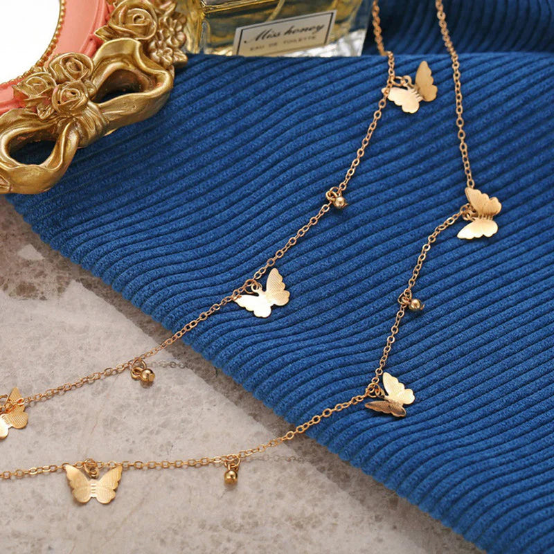 Gold Butterfly Charm Layered Necklace