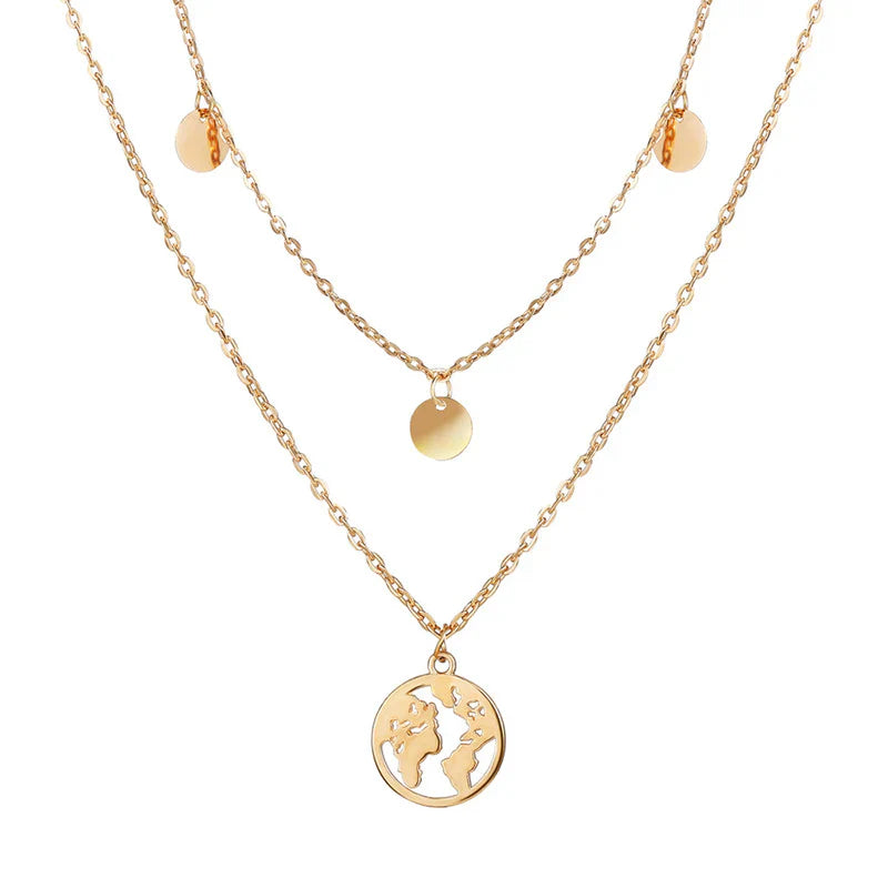 Gold World Map Layered Necklace