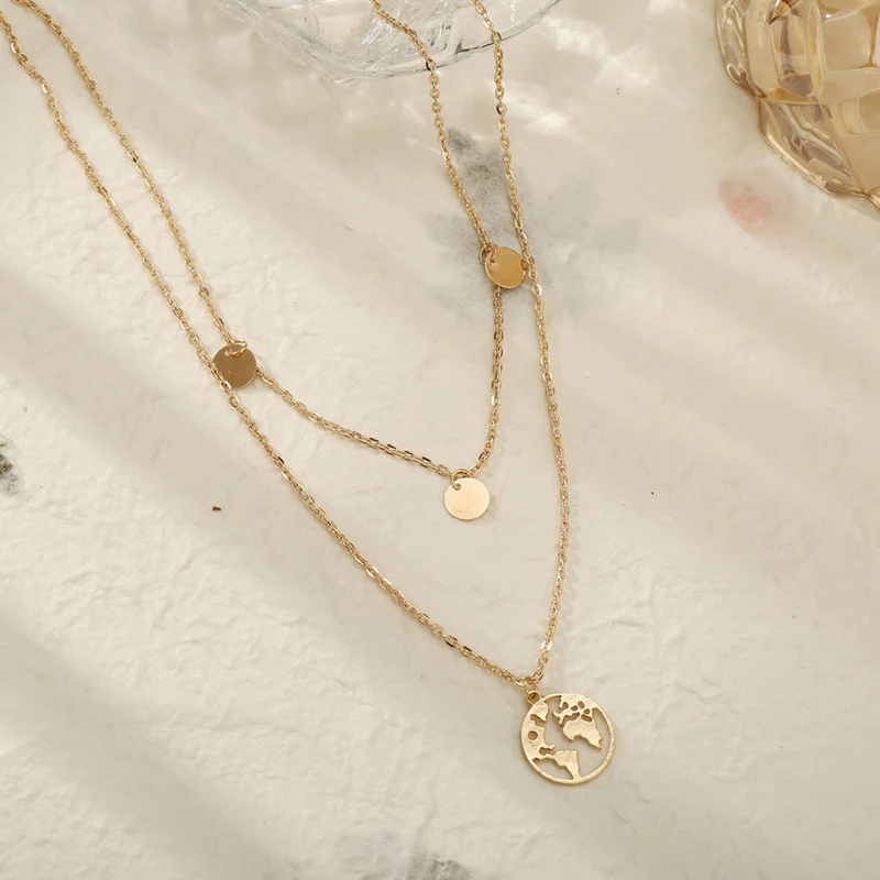 Gold World Map Layered Necklace