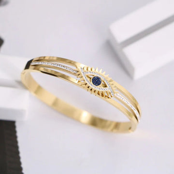 Stainless Steel Gold Plated American Diamond Studded Evil Eye Anti-Tarnish Bracelet