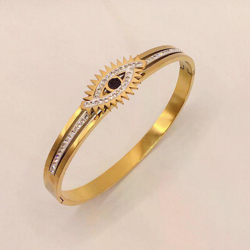 Stainless Steel Gold Plated American Diamond Studded Evil Eye Anti-Tarnish Bracelet