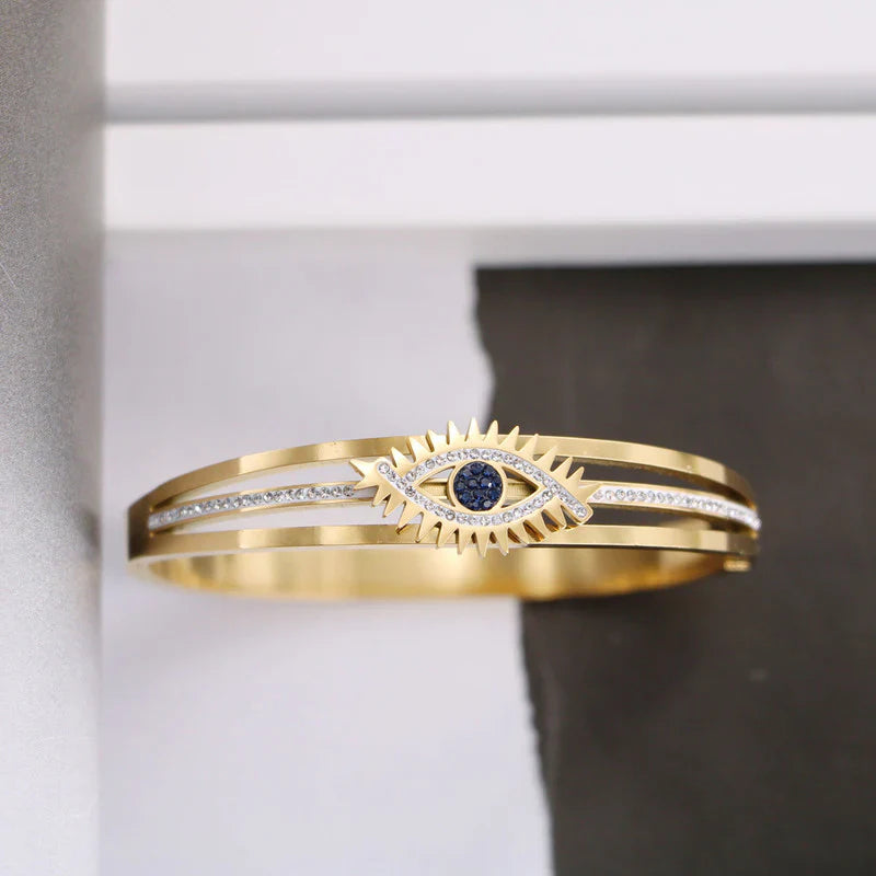 Stainless Steel Gold Plated American Diamond Studded Evil Eye Anti-Tarnish Bracelet