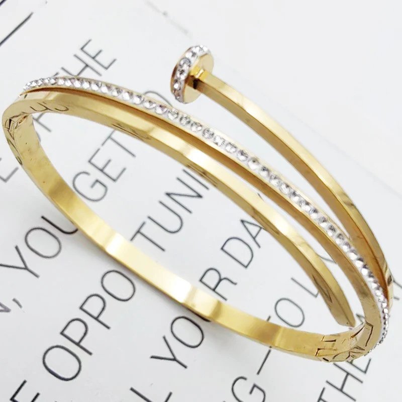 Stainless Steel Gold Plated American Diamond Studded Nail Anti-Tarnish Bracelet